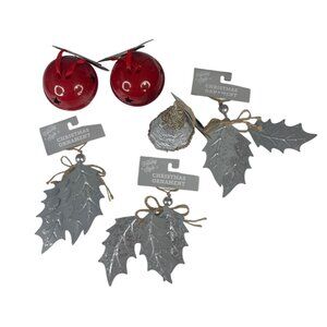 Holiday Style Christmas Ornaments Set Of 6 Bells Leaves Trees New Silver Red